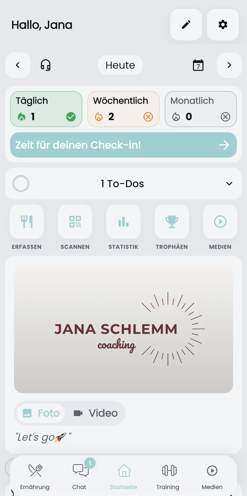 Screenshot der Coaching-App: Tagesübersicht, Check-in, To-Dos und Schnellzugriffe